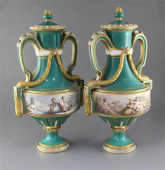 Antonin Boullemier for Minton - an important pair of Sevres style vases and covers, c.1871, height 50cm